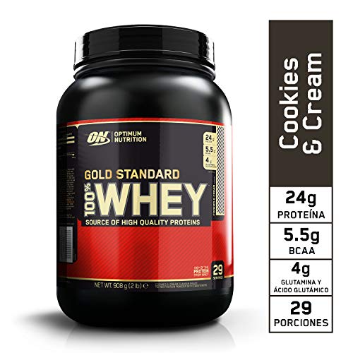 Optimum Nutrition ON Gold Standard 100% Whey Proteína en Polvo Suplementos Deportivos, Glutamina y Aminoacidos, BCAA, Galletas y Crema, 28 Porciones, 900 g, Embalaje Puede Variar