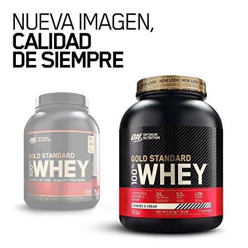 Optimum Nutrition ON Gold Standard 100% Whey Proteína en Polvo Suplementos Deportivos, Glutamina y Aminoacidos, BCAA, Galletas y Crema, 71 Porciones, 2.27kg, Embalaje Puede Variar