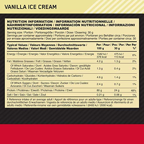 Optimum Nutrition ON Gold Standard 100% Whey Proteína en Polvo Suplementos Deportivos, Glutamina y Aminoácidos, BCAA, Helado de Vainilla, 30 Porciones, 900 g, Embalaje Puede Variar