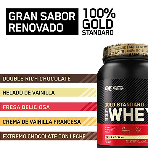 Optimum Nutrition ON Gold Standard 100% Whey Proteína en Polvo Suplementos Deportivos, Glutamina y Aminoácidos, BCAA, Helado de Vainilla, 30 Porciones, 900 g, Embalaje Puede Variar