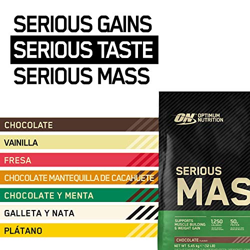 Optimum Nutrition ON Serious Mass Proteina en Polvo Mass Gainer Alto en Proteína, con Vitaminas, Creatina y Glutamina, Chocolate, 16 Porciones, 5.45 kg, Embalaje Puede Variar