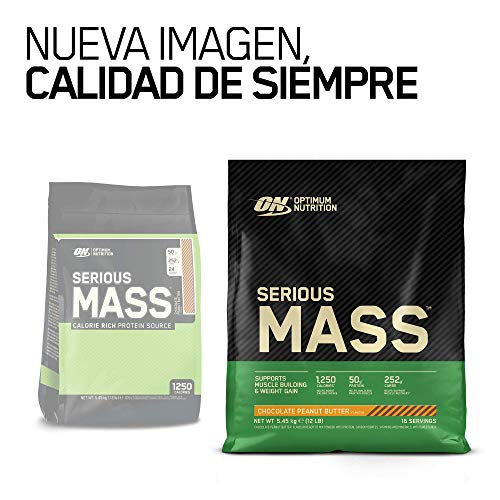 Optimum Nutrition ON Serious Mass Proteina en Polvo Mass Gainer Alto en Proteína, con Vitaminas, Creatina y Glutamina, Chocolate Mantequilla de Cacahuete, 16 Porciones, 5.45kg, Embalaje Puede Variar