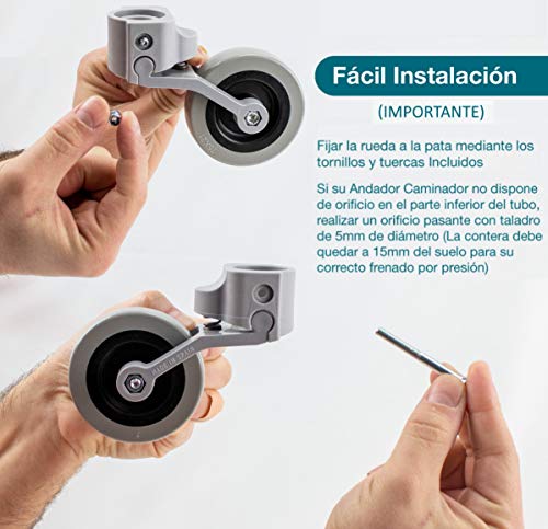 OrtoPrime Kit x2 RUEDAS Andadores Ancianos - Ruedas Traseras Adaptables a Andadores de Adultos - Casquillos Compatibles Tubo de 30mm y 22mm - Freno a la Carga por Presión y Fácil Instalación