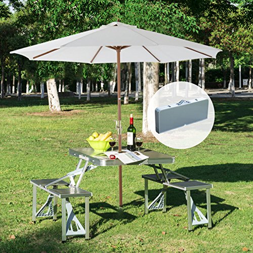 Outsunny Mesa Plegable 4 Asientos Aluminio con Agujero para Sombrilla para Camping Playa Picnic Exterior 136x85,5x66 cm