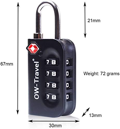 OW-Travel Candado maleta TSA Anti robo. Candado numerico 4 Digitos. Candado Combinacion Taquilla. Candados para mochilas y maletas. Candado Taquilla Gimnasio. TSA Candado seguridad equipaje Negro 2