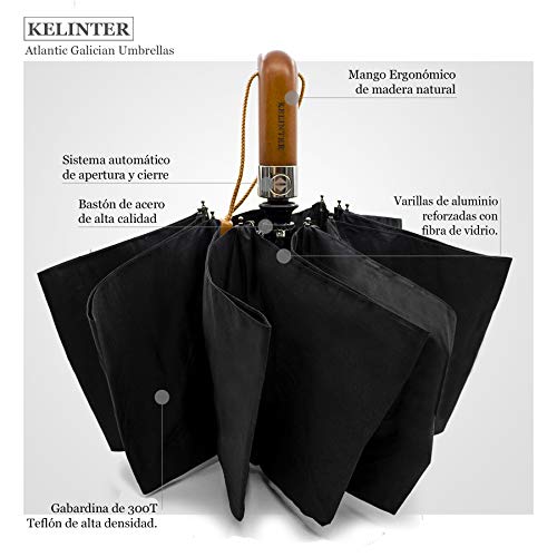 Paraguas Plegable Elegante Resistente al Viento-Automático e Impermeable- Mango de Madera Clásico -10 Varillas reforzadas Antioxidantes - para Hombre y Mujeres - Diseñado en Galicia