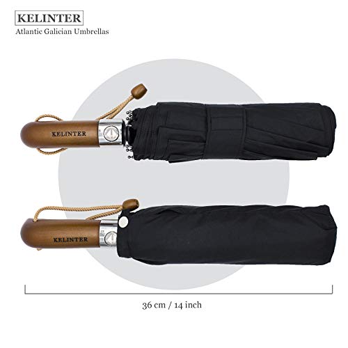 Paraguas Plegable Elegante Resistente al Viento-Automático e Impermeable- Mango de Madera Clásico -10 Varillas reforzadas Antioxidantes - para Hombre y Mujeres - Diseñado en Galicia