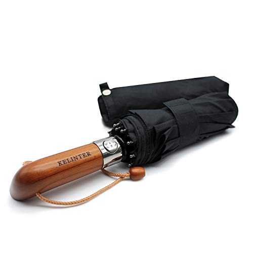 Paraguas Plegable Elegante Resistente al Viento-Automático e Impermeable- Mango de Madera Clásico -10 Varillas reforzadas Antioxidantes - para Hombre y Mujeres - Diseñado en Galicia