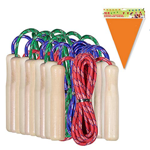 Partituki Pack de 10 Cuerdas para Saltar. Combas con Mango de Madera y una Guirnalda de 10 m. Ideal para Juegos al Aire Libre y Detalles de Cumpleaños Infantiles.