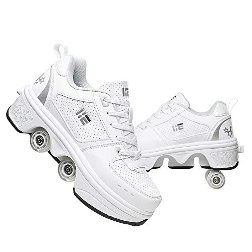 Patines en línea, zapatos multiusos 2 en 1, botas con patines de ruedas ajustables, White-EUR33