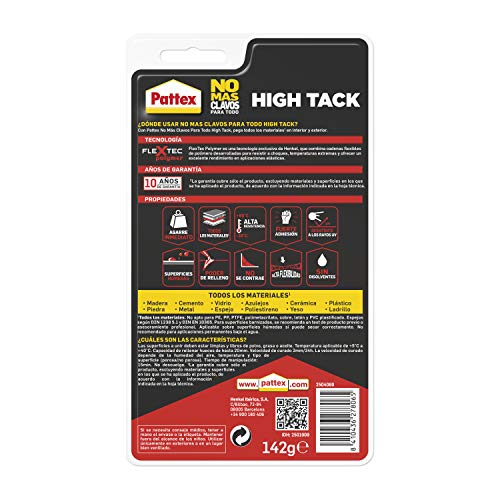 Pattex No Mas Clavos Para Todo HighTack Adhesivo de montaje resistente a temperaturas extremas, pegamento fuerte en superficies húmedas, Blanco, 1 tubo x 142 g