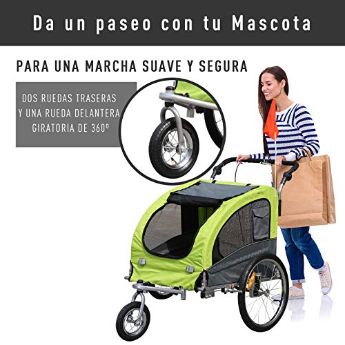 Pawhut Remolque Bicicleta Perros Carro Cochecito para Transporte Mascota 2 en 1 con Barra de Paseo Amortiguador Rueda Giratoria 360° Reflectores Carga Máx. 30kg