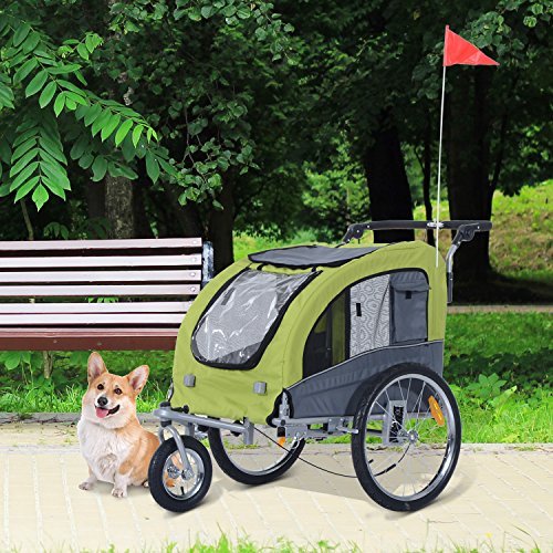 Pawhut Remolque Bicicleta Perros Carro Cochecito para Transporte Mascota 2 en 1 con Barra de Paseo Amortiguador Rueda Giratoria 360° Reflectores Carga Máx. 30kg