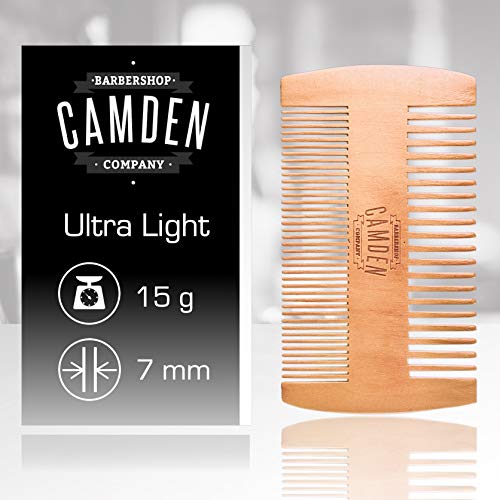 Peine para barba ultraligero de madera de peral de Camden Barbershop Company ● estuche incluido ● para el cuidado diario de la barba ●