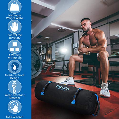 PELLOR Sandbag, Saco Peso Fitness Saco de Arena para Entrenamiento de 4.5-27 kg, Bolsa de Arena con 6 Bolsas Ajustables para Fitness Funcional y Potenciamiento Muscular