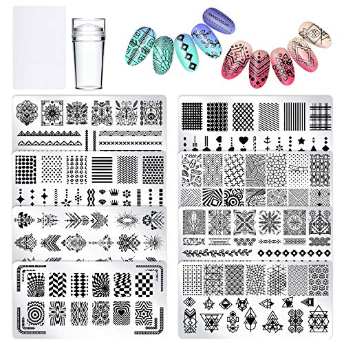 Plantilla Estampado de Uñas - 8 Placas Grandes Uñas con Varios diseños - Placas Estampacion Uñas con Raspador de Plástico, Sello de silicone