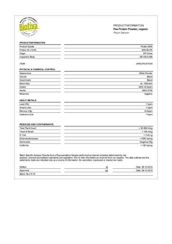 Polvo de guisante orgánico 1 kg - contenido de proteína del 83% - 100% aislado de proteína de guisante - libre de gluten, soja y lactosa