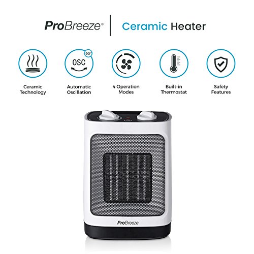 Pro Breeze Mini Calefactor Cerámico 2000W. Oscilación Automática y 2 Configuraciones de Temperatura, Blanco