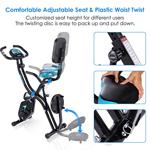 Profun Bicicleta de Fitness Plegable con Disco de Deporte para los riñones, Bicicleta de Ejercicio en el Interior, 10 Niveles de Resistencia magnética y Asiento Amplio y cómodo