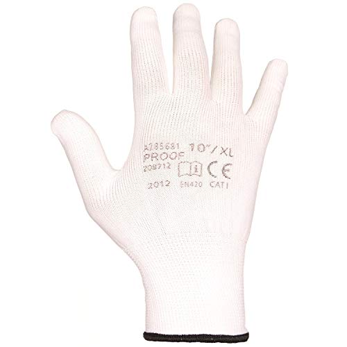 PROOF Guantes de trabajo de poliéster de punto - guantes de montaje, cómodo, reparaciones, trabajos de almacén, doméstico, acabado, taller, montaje, manualidades, embalaje (6 (12 Pares), Blanco)