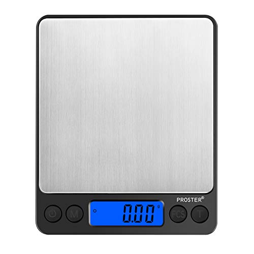 Proster Mini Escala Digital de Bolsillo 0.01-500g Escala Postal de Alta Precisión para Alimento de la Cocina, Pesar Gemas, Joyas y Otros Objetos Preciosos - Color Plata y Negro