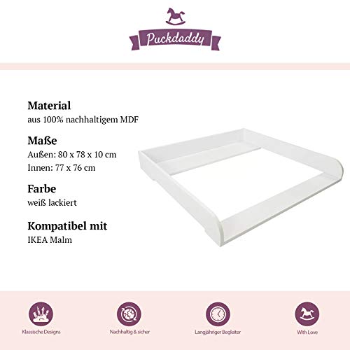 PuckDaddy Cambiador Moritz – 80x78x10cm, accesorio para cambiador para cómodas de IKEA Malm, incl. montaje para pared