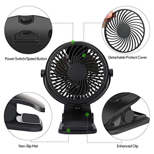 Qhui Ventilador USB, Portatil Mini Ventilador Silencioso, 3 Velocidades Potente Pinza Ventiladores Pequeño de Mesa con Recargable Batería y Cable USB para Oficina, Hogar, Fitness, Cochecito de Bebé