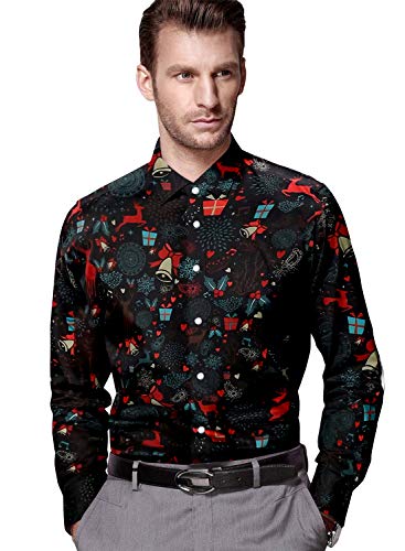 RAISEVERN Camisas de Hip Hop de Manga Larga para Fiesta de Navidad para Hombre Camisa de Vestir Negra Estampada de Navidad con muñeco de Nieve con Estampado de Santa