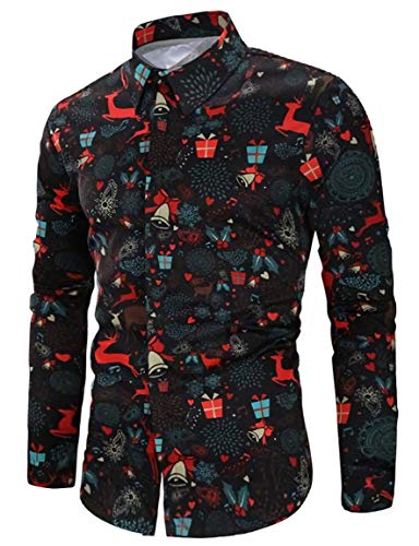 RAISEVERN Camisas de Hip Hop de Manga Larga para Fiesta de Navidad para Hombre Camisa de Vestir Negra Estampada de Navidad con muñeco de Nieve con Estampado de Santa