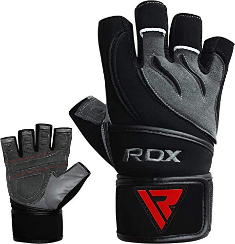 RDX Guantes Gimnasio Cuero con Muñequera Fitness Musculacion Culturismo Gym Levantamiento Pesas Entrenamiento Halterofilia Powerlifting Workout Antideslizante Weightlifting Gloves