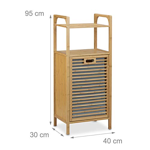 Relaxdays Estantería con cesto de la Colada, Dos estantes, Mueble de baño, 25L, 95x40x30 cm, 1 Ud, Bambú, Marrón Natural