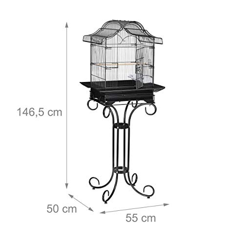 Relaxdays Jaula para pájaros con Soporte, Canarios, pinzones, Perchas, comedero, Jaula exótica, 146,5 x 55 x 50 cm, Color Negro