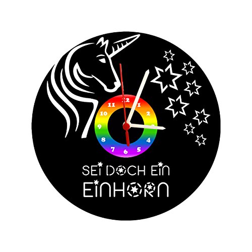 Reloj infantil de pared, diseño de unicornio, estrella, reloj de disco de vinilo con mecanismo de cuarzo y esfera de unicornio y estrellas