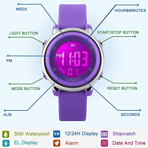 Relojes deportivos digitales para niñas Yesure. Reloj deportivo impermeable de 5 ATM con cronómetro de alarma, 7 luces traseras LED