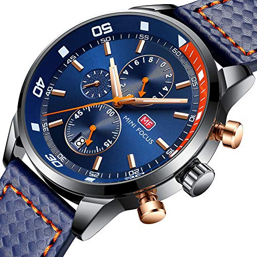 Relojes para Hombres, Mini Focus Analógico de Cuarzo Reloj Impermeable Deportivo cronógrafo Correa de Cuero Fecha para Regalo (Azul)