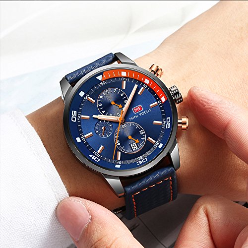 Relojes para Hombres, Mini Focus Analógico de Cuarzo Reloj Impermeable Deportivo cronógrafo Correa de Cuero Fecha para Regalo (Azul)