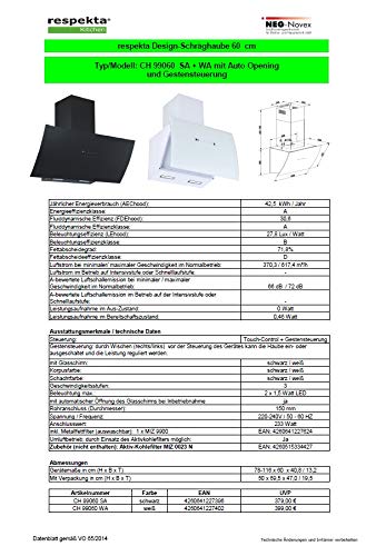 respekta Campana inclinada de diseño, 60 cm, color blanco, con apertura automática y control por gestos, CH99060WA, eficiencia energética: A