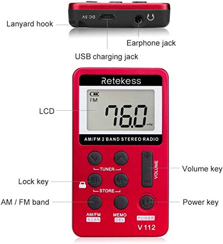 Retekess V112 Mini Radio de Bolsillo Portátil Radio Pequeña Am FM Radio 2 Bandas Receptor con Batería Recargable y Auriculares(Rojo)