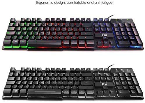 Rii RK100+ Novedoso Teclado USB Retroiluminado,Colores Rainbow y Panel metálico Resistente,Alta sensibilidad Ideal para Jugar, QWERTY con Layout Español Teclado espandido.