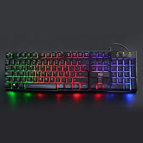 Rii RK100+ Novedoso Teclado USB Retroiluminado,Colores Rainbow y Panel metálico Resistente,Alta sensibilidad Ideal para Jugar, QWERTY con Layout Español Teclado espandido.