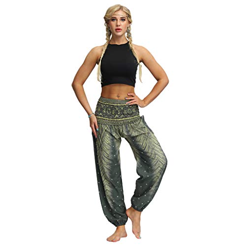 RISTHY Mujer Pantalones Harem Tailandes Hippies Vintage Boho Flores Verano Alta Cintura Elastica Casual Danza Yoga Pants Bombachos Playa con Bolsillos