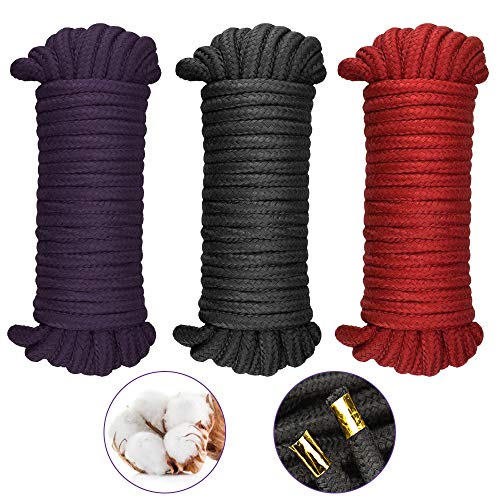 RMENOOR 3 Piezas Cordón de Cuerda de Algodón Cuerda Encerada Algodón Cuerda de Amarre de Algodón Cuerda de Uso Múltiple Trenzado Algodón para Adultos, 10 M / 8 MM, (Negro Violado Rojo)