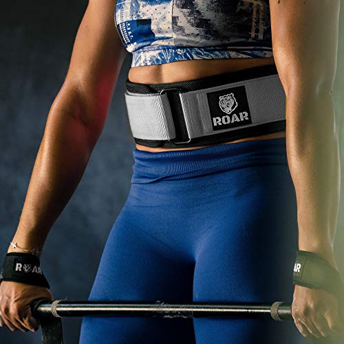 Roar® Cinturón Lumbar Gimnasio, Cinturon Gimnasio Hombre y Mujer, Cinturon Halterofilia, Powerlifting, Crossfit, Levantamiento Peso, Musculacion, Cinturon Gym Hombre, Cinturon Pesas (Gris, L)