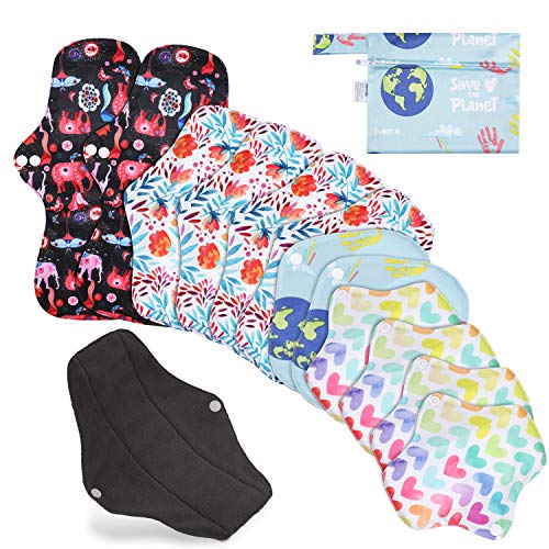 Rovtop 12 Pcs Juego de Reutilizables de Carbón de Bambú de Tía de Ciclo - 4 Tamaños Almohadilla Menstrual Reutilizable Compresa + 1 Bolsa de Transporte Mini （XL x 2，L x 4，M x 2，S x 4）