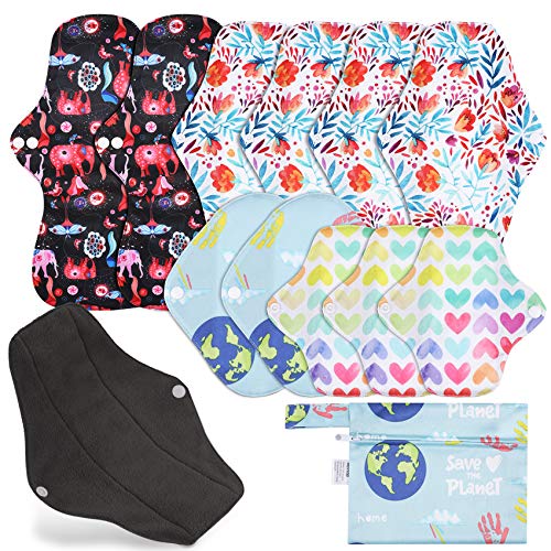 Rovtop 12 Pcs Juego de Reutilizables de Carbón de Bambú de Tía de Ciclo - 4 Tamaños Almohadilla Menstrual Reutilizable Compresa + 1 Bolsa de Transporte Mini （XL x 2，L x 4，M x 2，S x 4）