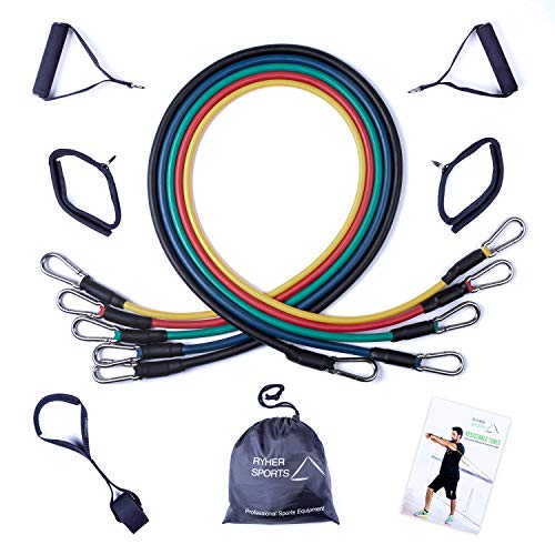 Ryher Gomas elásticas Fitness y Ejercicio - Set de Bandas de Resistencia con Asas, Correas para los Tobillos, Anclaje para Puertas – Deporte en Casa, Gym, Crossfit, Pesas y Musculacion - Pack 45 KG