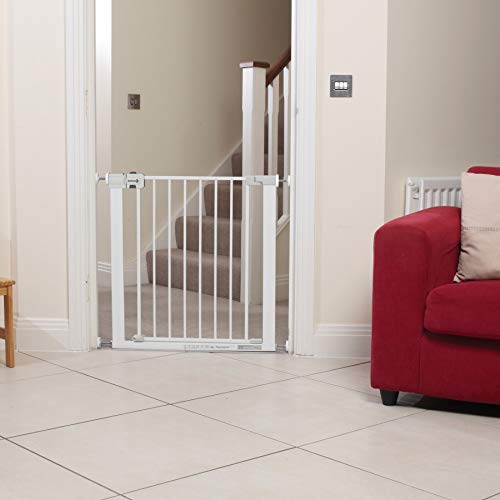 Safety 1st Easy Close - Puerta de seguridad de metal para niños, perros, para aberturas de 73 a 80 cm, extensible con extensiones hasta un máximo de 136 cm - se vende por separado, metal blanco