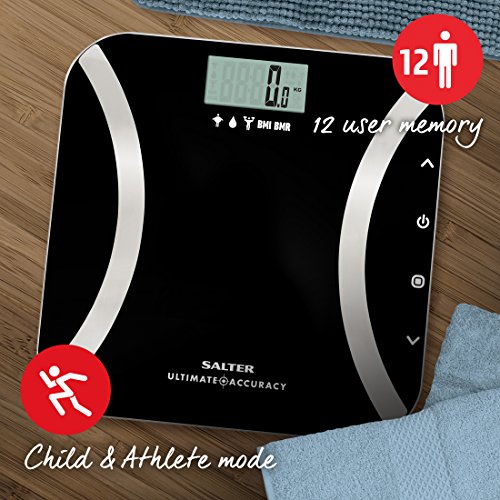 Salter 9173 BK3R. Báscula de baño analítica, memoria para 12 usuarios, peso en incrementos de 50 g, modo atleta, garantía de 15 años, negro