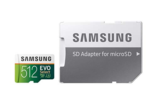 Samsung EVO Select 512 GB microSD 100 MB/s, velocidad Full HD & 4K UHD tarjeta de memoria incluye adaptador SD para smartphone, tableta, cámara de acción, dron y portátil