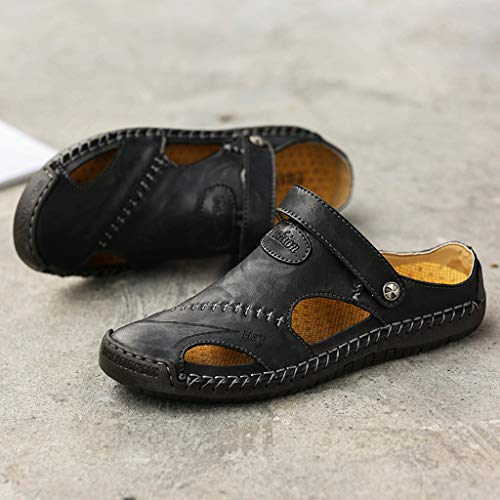 Sandalias de Cuero Casual de Verano para Hombre Transpirable Tendencia Zapatos de Playa al Aire Libre Sandalias de Playa Zapatillas de Montaña Senderismo Cuero Negro 38-48 riou